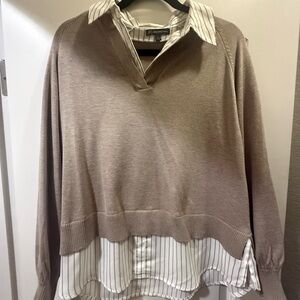 Adrianna Papell Taupe Knit Tunic with Cream Striped Shirt Detail